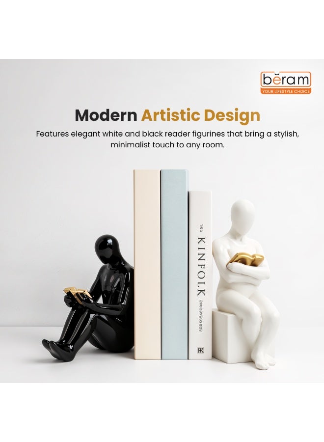 بيرام فواصل كتب بيرام بتصميم شخصية القارئ باللونين الأبيض والأسود، مصنوعة من راتنج عالي الجودة بتصميم مجسمات أنيقة على شكل قارئ، لتضيف لمسة عصرية وبسيطة إلى ديكور رفوف الكتب والمكاتب والمكتبات المنزلية. تتميز بالثبات والمتانة، وتعمل كحامل عملي للكتب مع مظهر ديكوري أنيق، مما يجعلها مثالية لـالمكاتب وغرف الدراسة. - Image 4